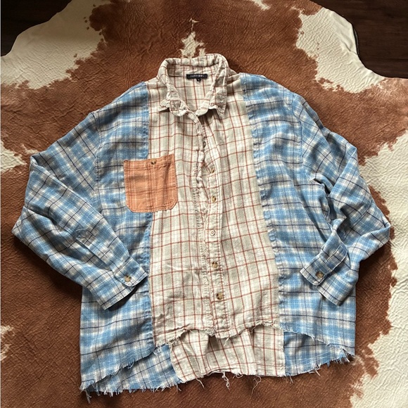 Papermoon Tops - Papermoon Checkered Plaid Shirt in Blue and Beige